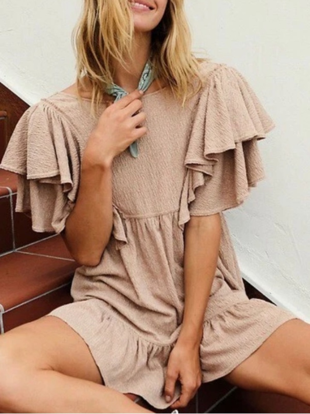 FP BEACH Free People Delia Tan Ruffle Mini Dress Flutter Sleeve Oversized Size M